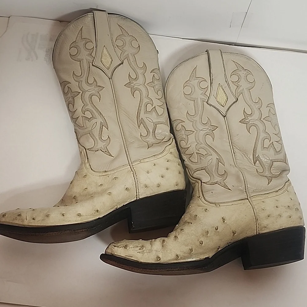 Diego Vintage Made In USA Beige Ostrich Leather Rare Find Western Cowboy Boots